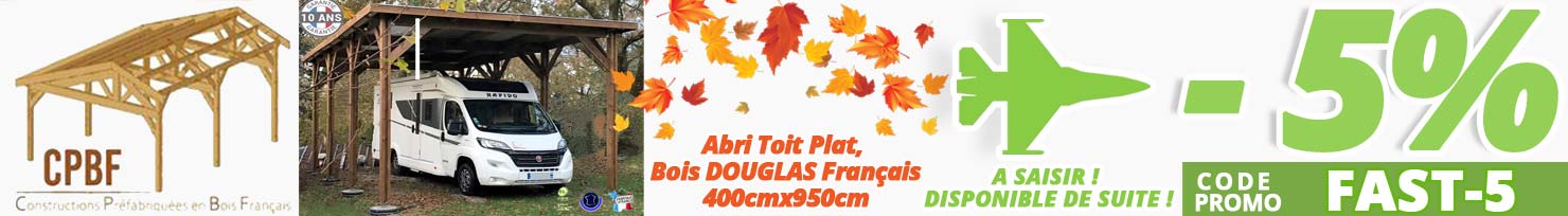Offre exceptionnelle 1 abri toit plat dimensions 4x9,5m pour voiture et camping car bois douglas fabrication française livraison sous 7 jours 5% de remise disponible de suite 1 seule pièce au plus rapide ... chez Bricommerce