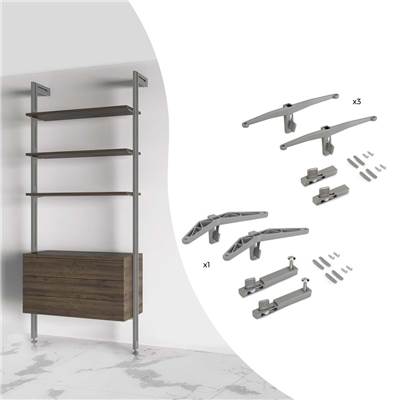 Kit supports 3 étagères bois 1 mod. structure Zero Zamak gris pierre