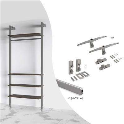 Kit fixation 4 étagères bois 1 tringle suspension 1m long Zero alu. Zamak plastique gris pierre
