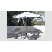 Ensemble 2 bains de soleil tissus ajouré parasol avec pied table basse 40x40 anthracite/gris