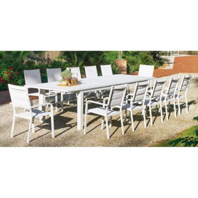 Salon à manger 8 places table extens. 270-370cm 8 fauteuils blanc tissus blanc
