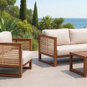 Salon jardin 4 à 5 place sofa 3 places 2 fauteuils table basse marron bois blanc