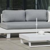 Salon jardin canapé d'angle 4 à 6 places table basse blanc tissus gris clair