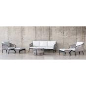 Salon jardin corde 6 à 7 places sofa 3 pl 2 fauteuils 2 pose pieds anthracite gris blanc