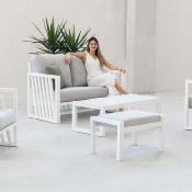 Salon jardin 4 à 5 places sofa 2 pl 2 fauteuils table basse 1  pose pied blanc gris