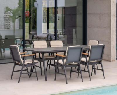 Salon jardin à manger 1 table 220cm imit. pierre 6 fauteuils anthracite beige clair