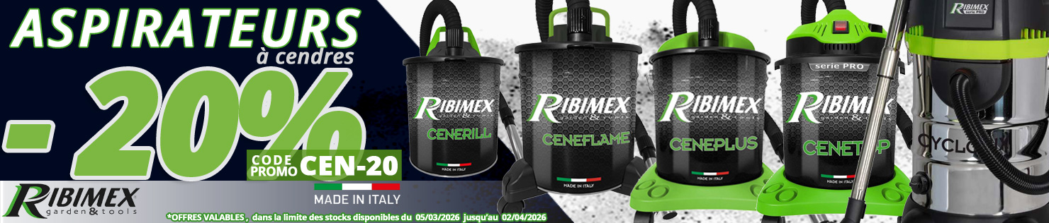 20% de remise sur nos aspirateurs &agrave; cendres fabrication italienne Ribimex avec le code promotionnel CEN-20 jusqu'au 2 avril 2026, pour entretenir, po&ecirc;les, chemin&eacute;es, inserts, barbecue, chez Bricommerce