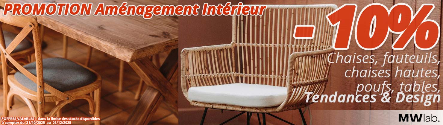 Bien chez soi 10% de remise sur notre ameublement, chaises, fauteuils, tabourets, poufs, tables à manger ! chez Bricommerce