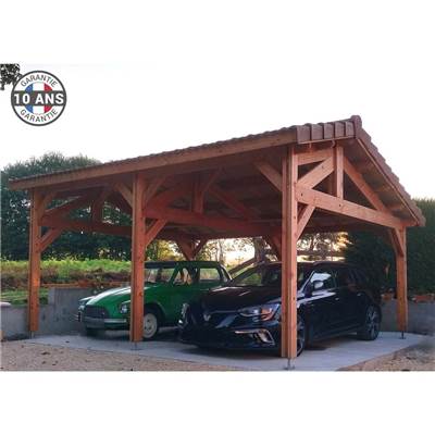 Abri 2 pentes Faitage Décalé Bois Douglas France Carport Auvent voiture 550x700cm H 250cm