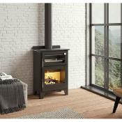 Poêle à bois avec four et chauffe-assiettes 12kw vermiculite bûches 65cm sortie 150mm