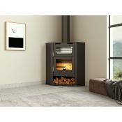 Poêle à bois de coin avec four 12kw vermiculite bûches 65cm sortie 200mm tangentielle