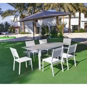 Salon de jardin à manger 6 places blanc et argent table extensible 130 à 180cm