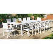 Salon à manger 8 places table extens. 270-370cm 8 fauteuils blanc tissus blanc