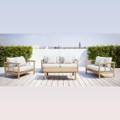 Salon jardin à manger 5 places Sofa 3 places 2 fauteuils table 140x89x35 bois Acacia beige clair
