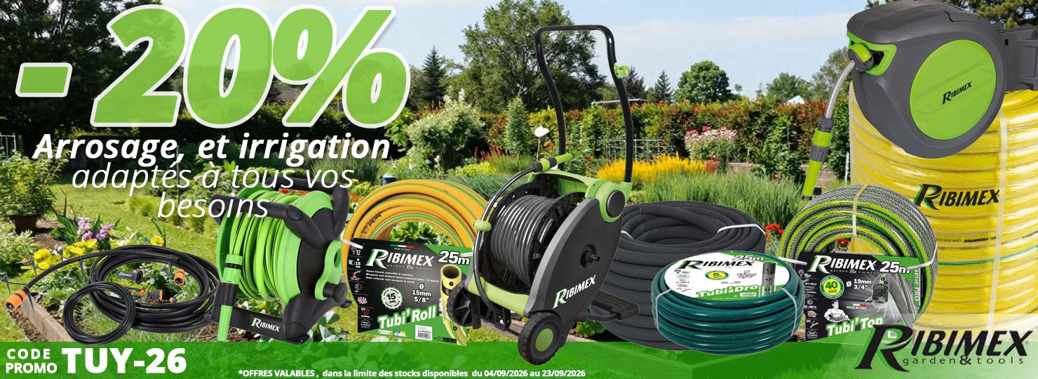 20% de remise avec le code promo TUY-26 sur les tuyaux d'arrosage longueur et diamètres aux choix, tuyaux micro-irrigation, tuyaux poreux, tuyaux à goutteur incorporés, les dévidoirs d'arrosage muraux et sur pieds, les kit goutte à goutte chez Bricommerce