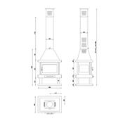 Cheminée centrale en acier, 4 cotés vitrés, bûcher inférieur 13.5 Kw