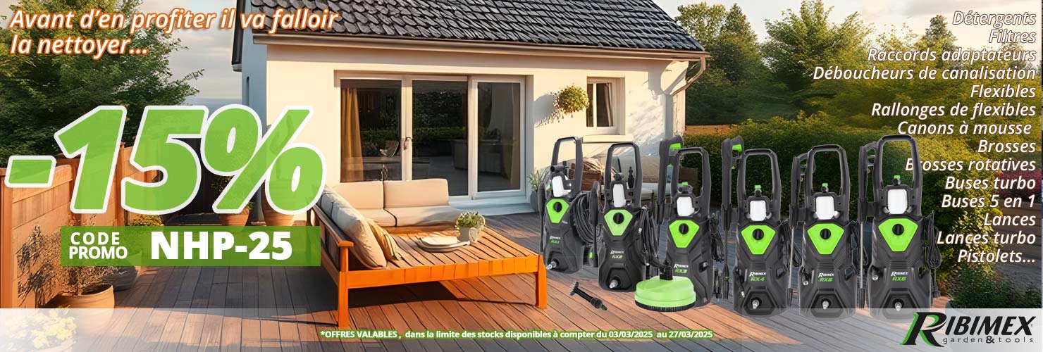 15% de remise sur les nettoyeurs haute et moyenne pression et leur multitude d'accessoires Ribimex,... chez Bricommerce