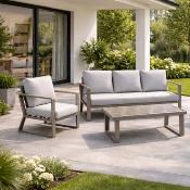 Salon jardin 4 à 6 places sofa 3 places 2 fauteuils table basse champagne gris clair