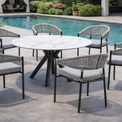 Salon à manger 6 places table ronde 150cm 6 fauteuils anthracite grise gris clair