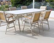 Salon jardin à manger 1 table 220cm plateau imit. marbre beige clair 6 fauteuils beige