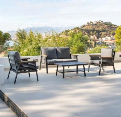 Salon jardin 4 places Sofa 2 places 2 fauteuils structure anthracite tissus gris table basse