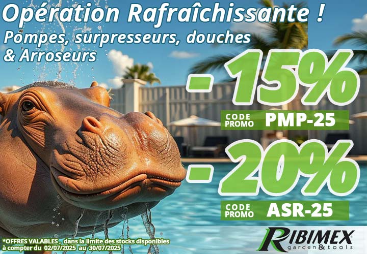 Opération rafraîchissante, 15% sur nos pompes de surface, surpresseurs, douches de jardin, 20% sur les arroseurs et asperseurs... chez Bricommerce