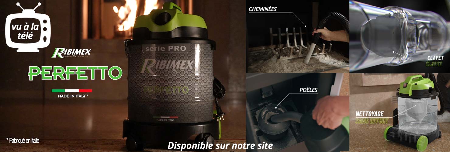 Vu à la télé PERFETTO de Ribimex un aspirateur à cendres pour votre cheminée, poêle, barbecue avec clapet anti-retour, système de nettoyage sans effort cuve 20 litres puissance de 1200w fabriqué en Italie, en promotion chez Bricommerce