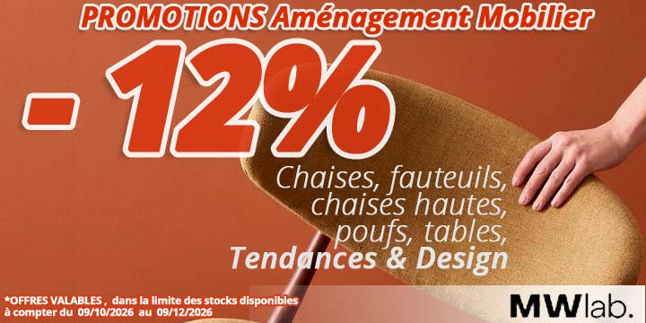 12% de remise avec le code promo MWL2612 sur cette s&eacute;lection am&eacute;nagement mobilier, des lot de 2 tabourets, chaises, chaises hautes, poufs, qualit&eacute; professionnelle,
tous styles et couleurs tendance et design au rendez-vous, chez Bricommerce