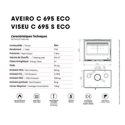Insert cheminée bois AVEIRO-C-695, puissance 7.3KW, ventilation
