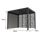 Pergola bioclimatique aluminium anthracite 7.20 m² 4 moucharabieh 1 rideau petit côté