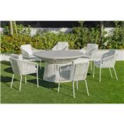 Salon de jardin à Manger table ronde 6 fauteuils cordage, 6 places RHODOS-150-3ARX6