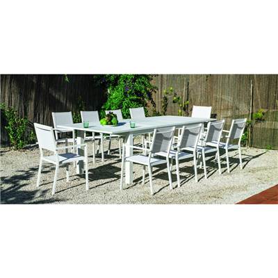 Salon de jardin à Manger CAMELIA avec 10 chaises ROMA Finition BLANC Tissus BLANC TEXTILENE