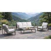 Salon jardin 4 à 6 places sofa 3 places 2 fauteuils table basse anthracite tissus blanc