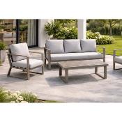 Salon jardin 4 à 6 places sofa 3 places 2 fauteuils table basse champagne gris clair