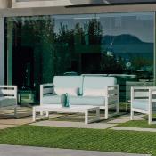 Salon jardin 4 à 5 places sofa 2 places 2 fauteuils 1 table bass blanc artic bleu clair