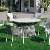 Salon à manger 6 places table ronde 150cm 6 fauteuils blanc gris blanc