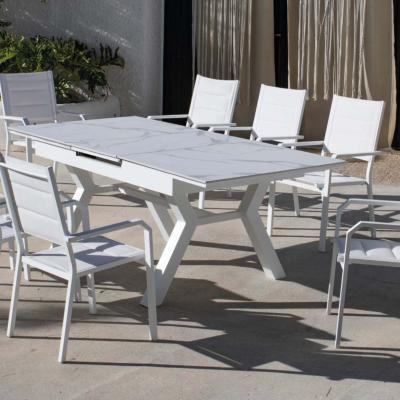 Salon à manger 8 places table extens. 160-210cm 8 fauteuils blanc tissus blanc