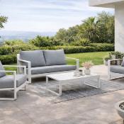 Salon jardin 4 à 5 places sofa 2 places 2 fauteuils table basse blanc tissus gris clair