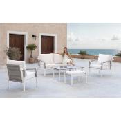 Salon jardin 4 à 6 places sofa 2 places 2 fauteuils table basse 1 pose pieds blanc gris