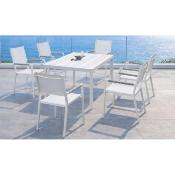 Salon à manger 6 places table rectangulaire 200cm 6 fauteuils blanc tissus blanc