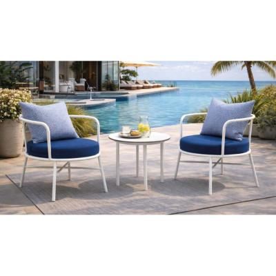 Ensemble bas relax 2 fauteuils 1 table ronde diamètre 60cm blanc tissus bleu marin