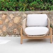 Salon jardin 5 places Sofa 3 places table basse 2 fauteuils tressées bois Acacia beige clair