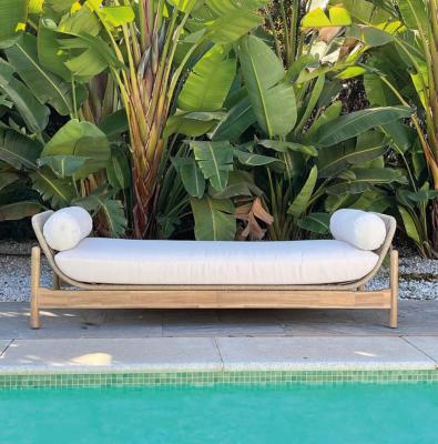 Bain de Soleil bois et Cordes tressées finition bois exotique tissus beige clair 202.5x70x59