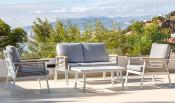 Salon jardin 4 places Sofa 2 places 2 fauteuils structure blanche tissus gris table basse