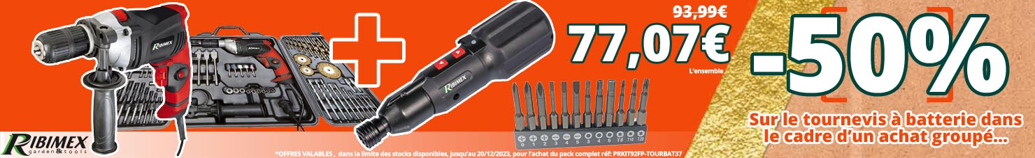 Spécial Nöel 50% de remise sur le tournevis à batterie moitié prix dans le cadre d'un achat groupé avec notre coffret perceuse 92 pièces !