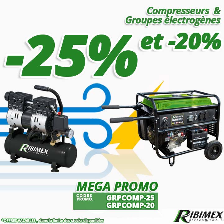 MEGA PROMOTION jusqu'&agrave; -25% sur votre groupe &eacute;lectrog&egrave;ne ou votre compresseur d'air Ribimex chez Bricommerce