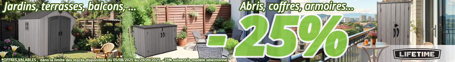 Offre exceptionnelles jusqu'a 25% de remise plus de 700 euros d'économie suivant le modèle sur nos abri, coffre, armoire pour jardin balcon et terrasse... chez Bricommerce