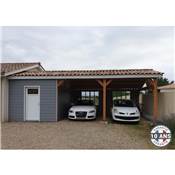 Abri 2 pentes Adossé Bois Douglas France Carport Auvent voiture 550x950cm H 250cm