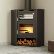 Poêle à bois de coin avec four 12kw vermiculite bûches 65cm sortie 200mm tangentielle
