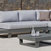 Salon jardin canapé d'angle 4 à 6 places table basse anthracite tissus gris clair